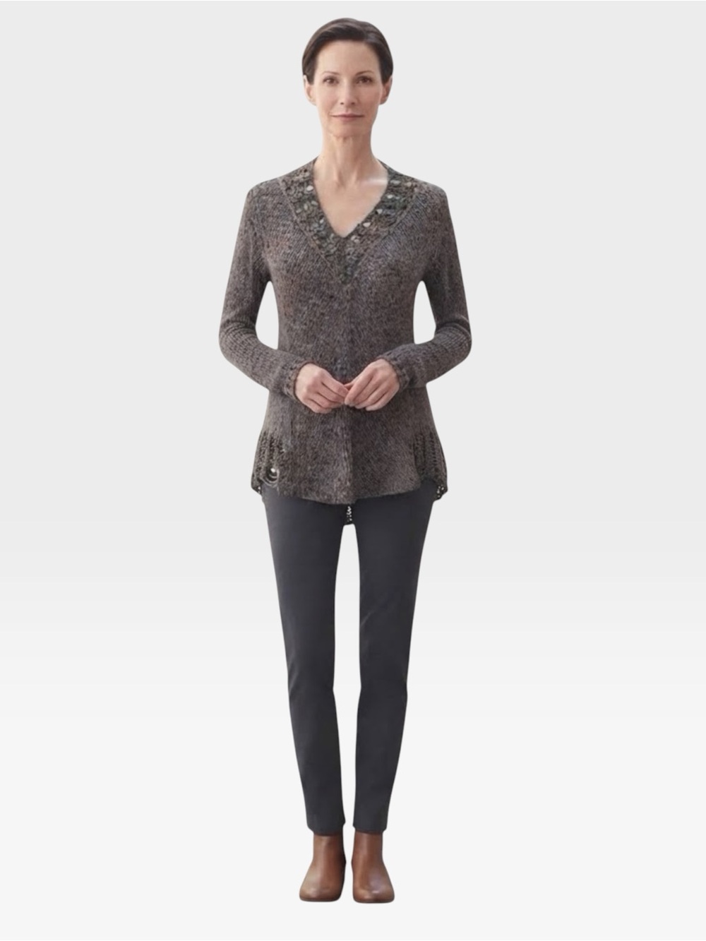 Eileen Fisher Italian Yarn Open Knit V-Neck Sweater Size S Charcoal Gray Boho